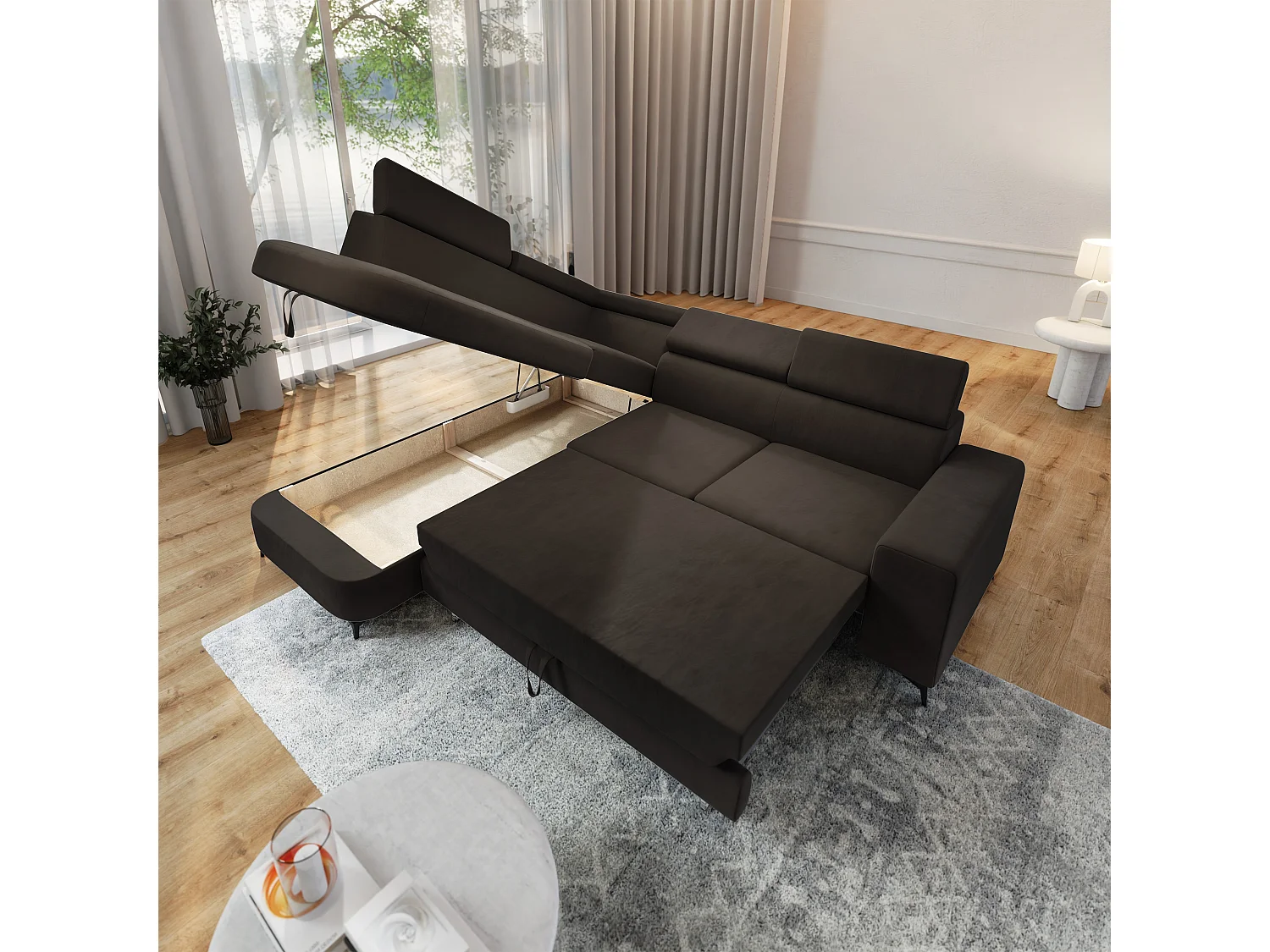 Hoekbank ALVORO van fluweel met slaapfunctie Braun