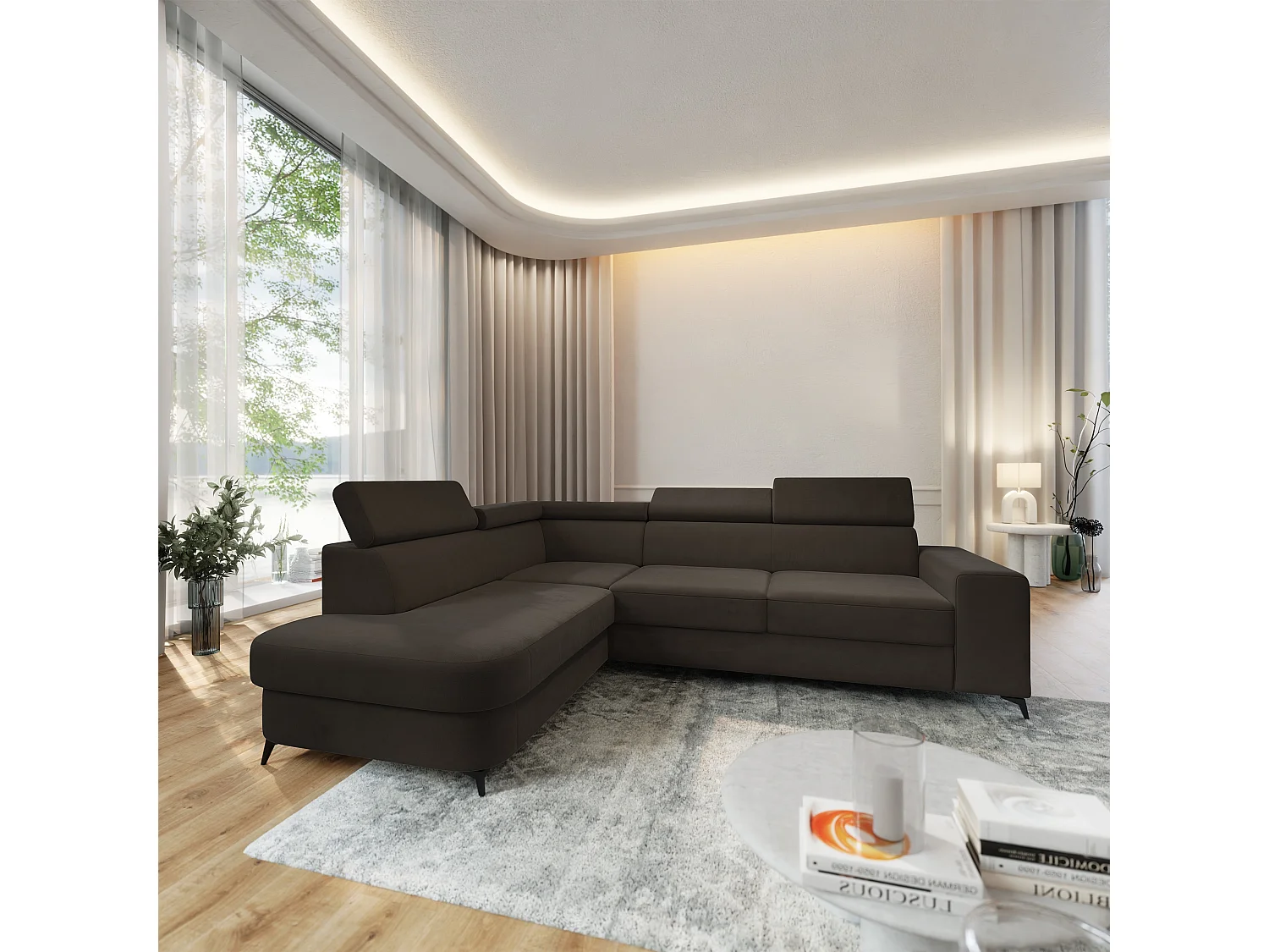 Hoekbank ALVORO van fluweel met slaapfunctie Braun