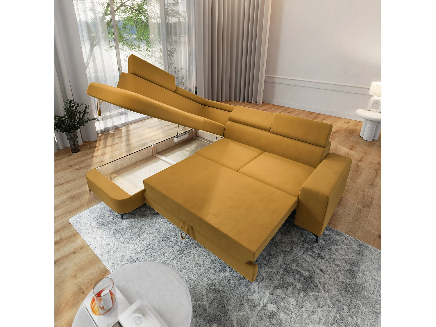 Hoekbank ALVORO van fluweel met slaapfunctie Gelb