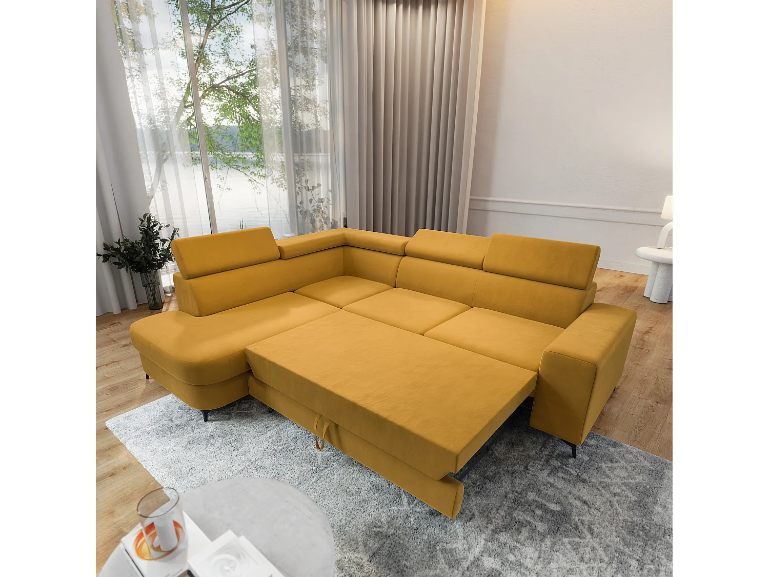 Hoekbank ALVORO van fluweel met slaapfunctie Gelb