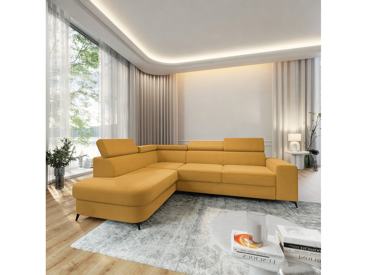 Hoekbank ALVORO van fluweel met slaapfunctie Gelb