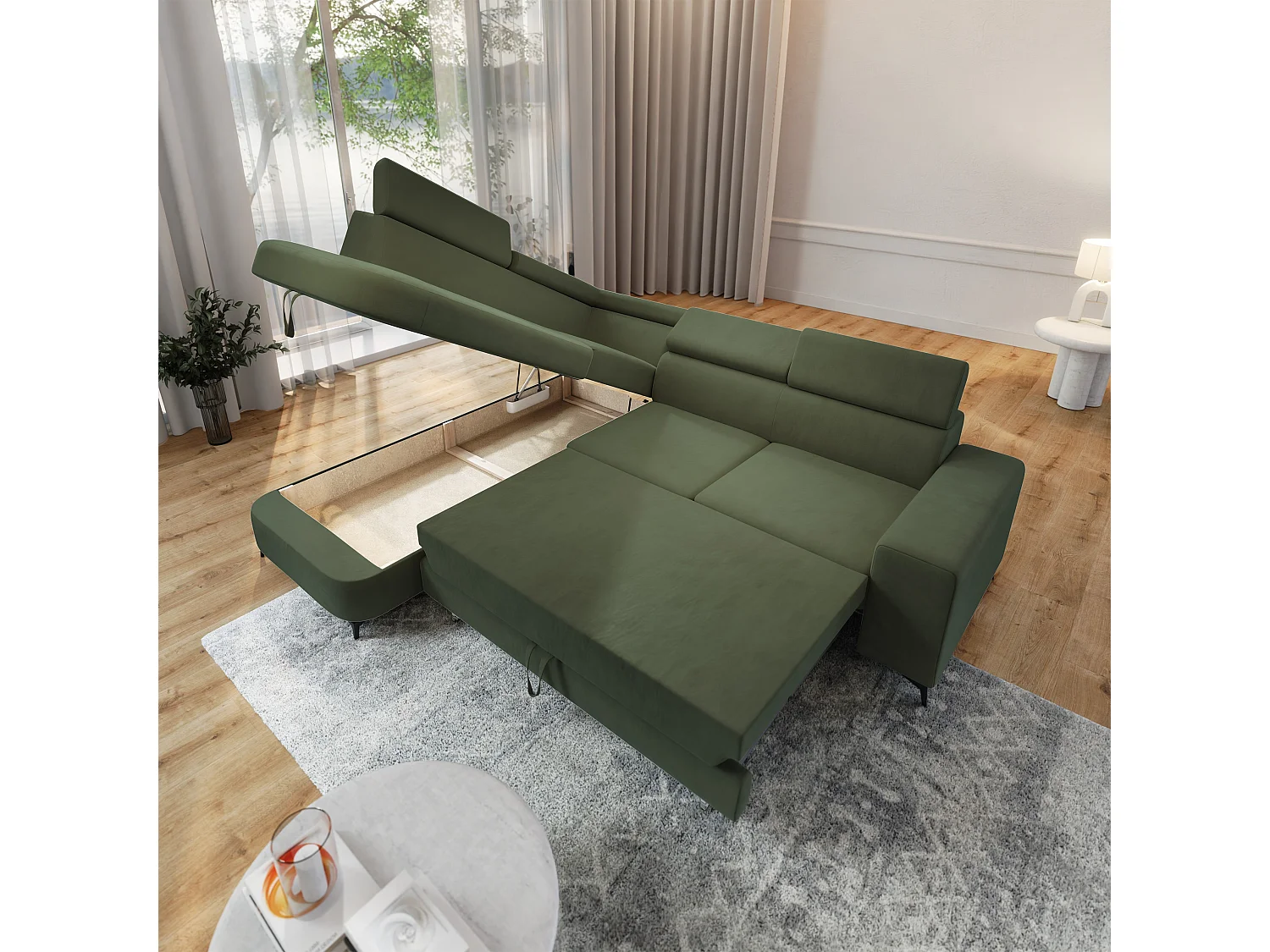 Hoekbank ALVORO van fluweel met slaapfunctie Grün