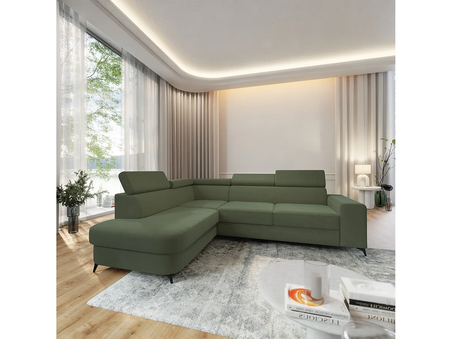 Hoekbank ALVORO van fluweel met slaapfunctie Grün