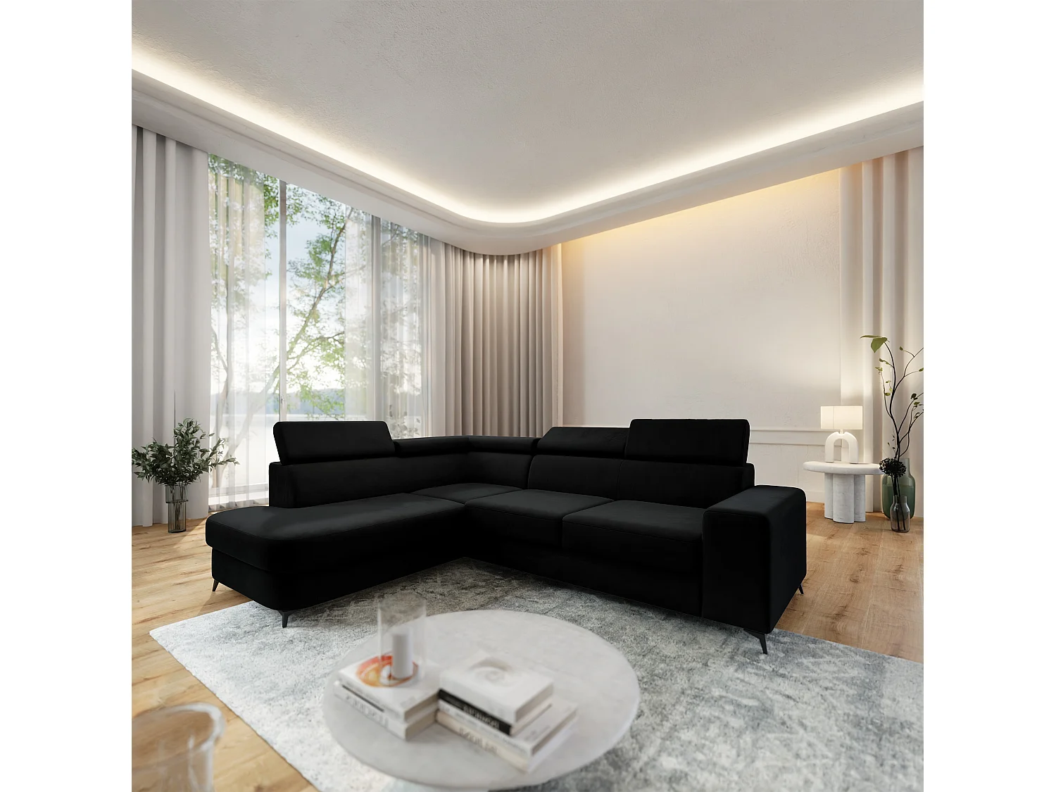 Hoekbank ALVORO van fluweel met slaapfunctie Schwarz