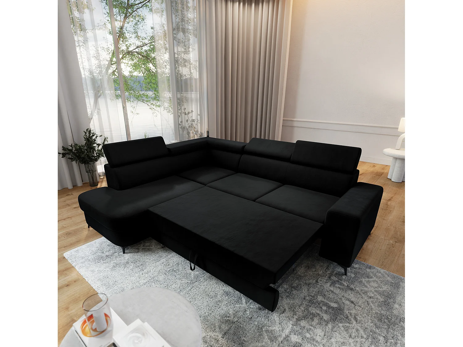 Hoekbank ALVORO van fluweel met slaapfunctie Schwarz