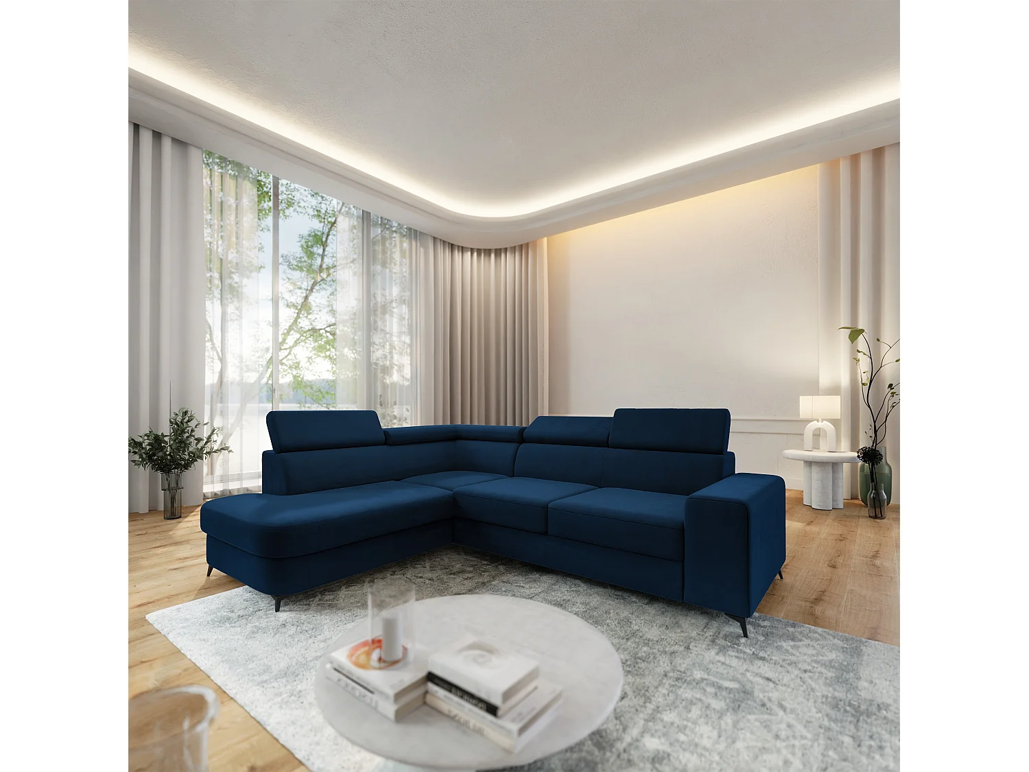 Hoekbank ALVORO van fluweel met slaapfunctie Blau