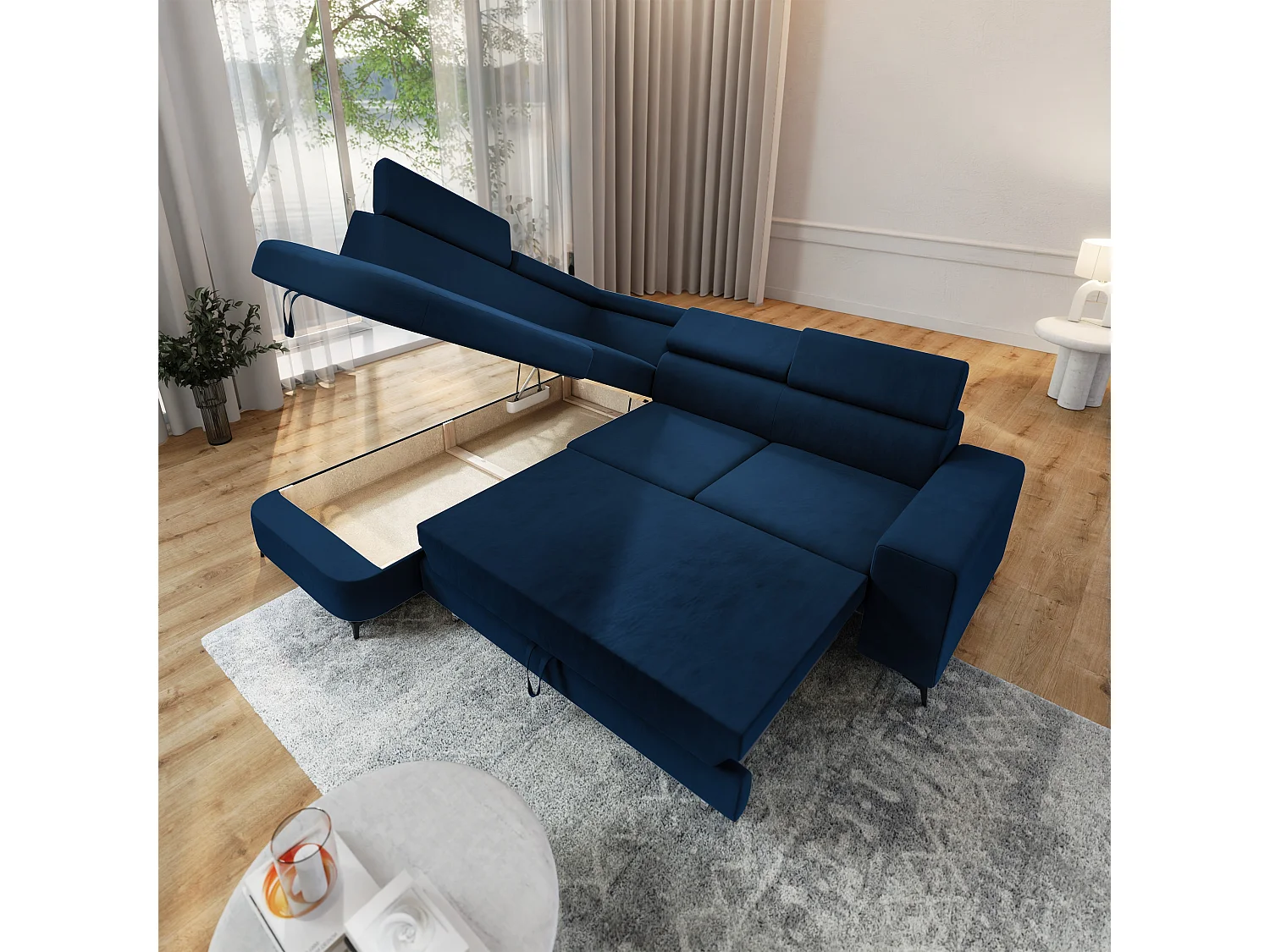 Hoekbank ALVORO van fluweel met slaapfunctie Blau