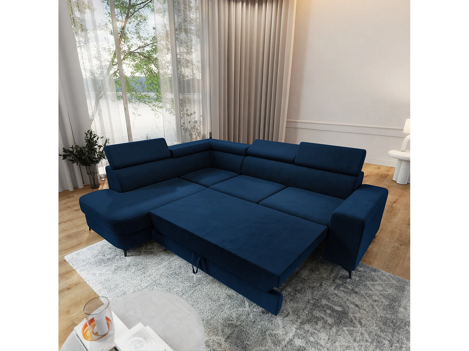 Hoekbank ALVORO van fluweel met slaapfunctie Blau