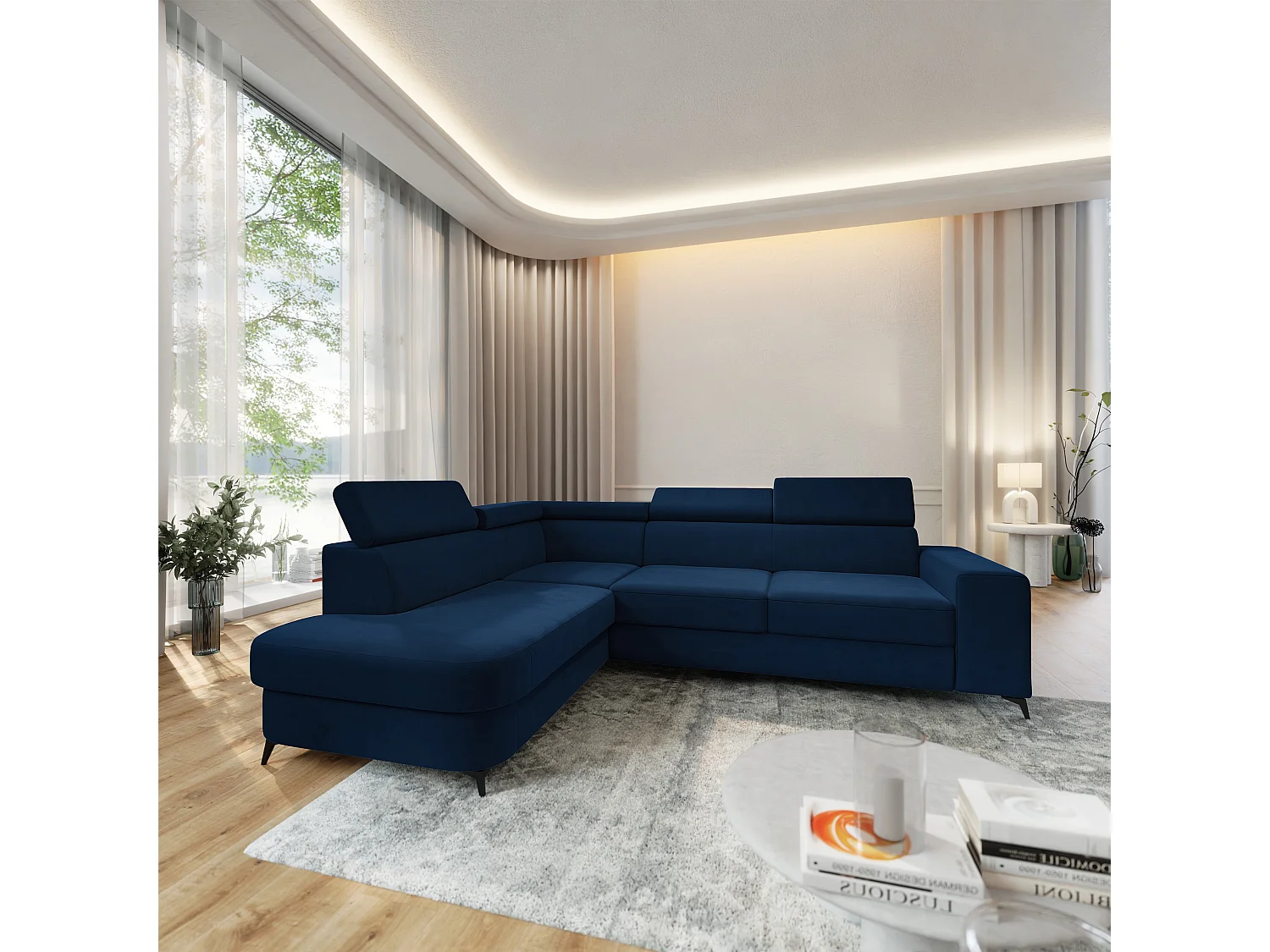 Hoekbank ALVORO van fluweel met slaapfunctie Blau