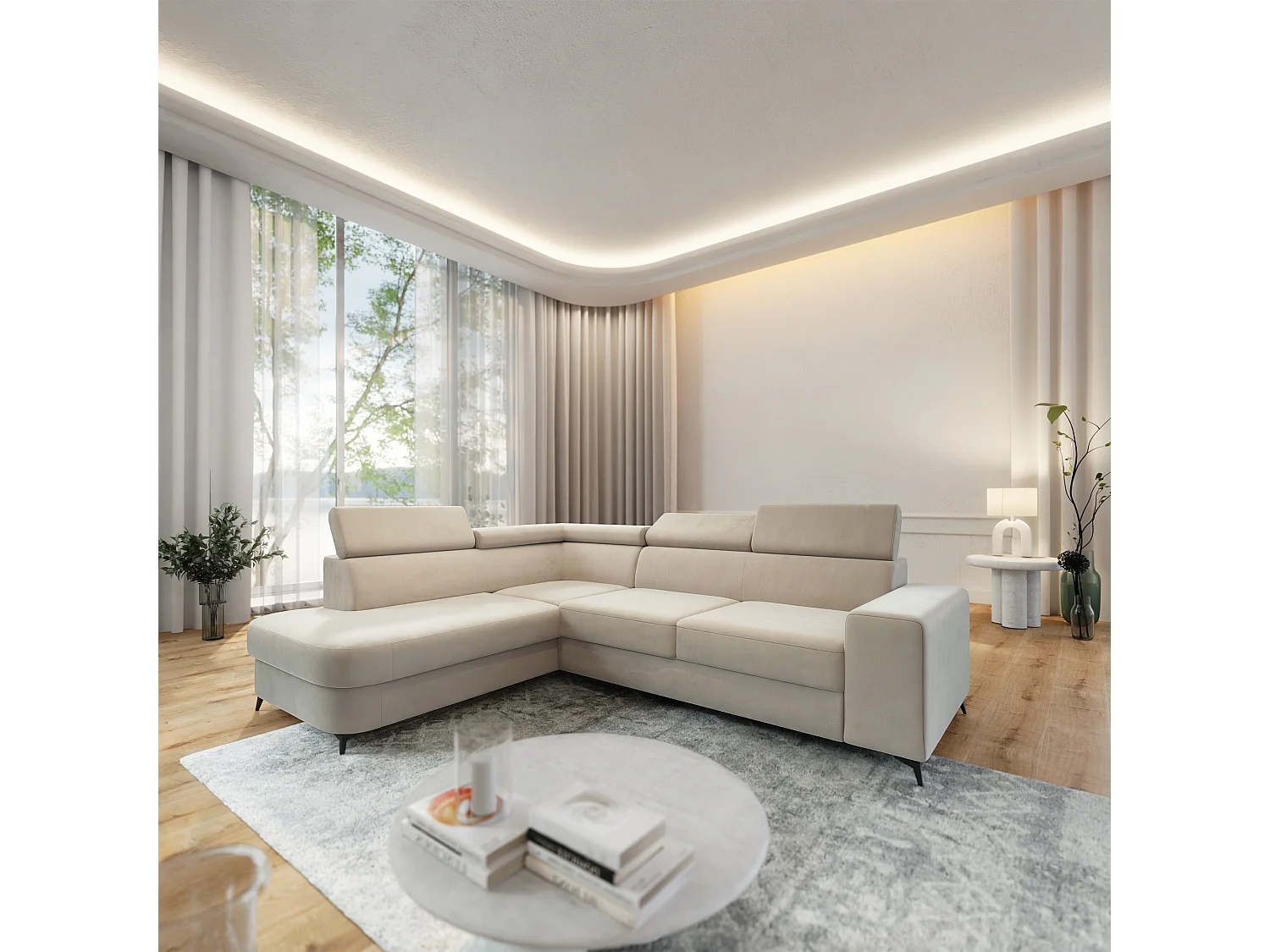 Hoekbank ALVORO van fluweel met slaapfunctie Creme