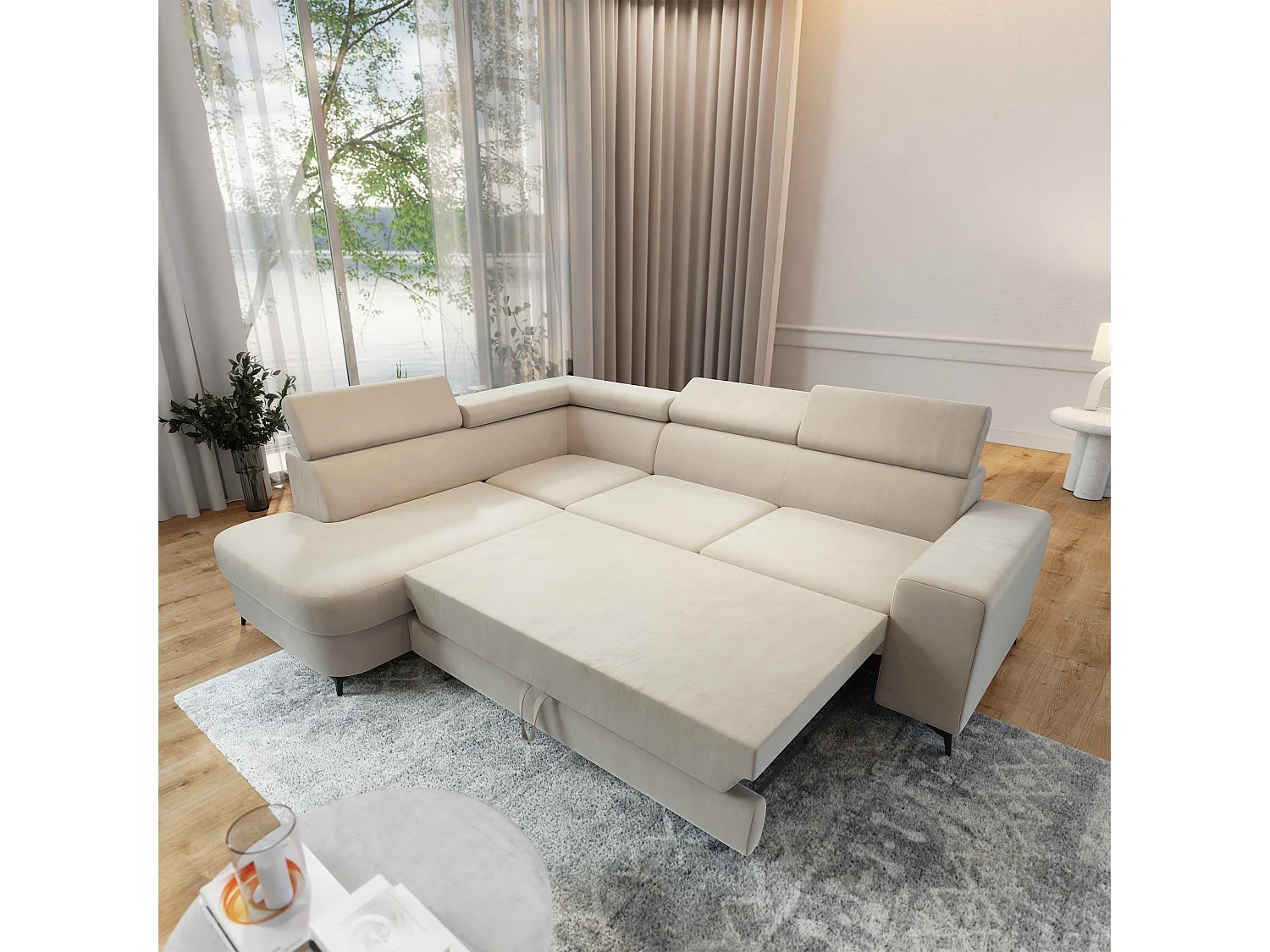 Hoekbank ALVORO van fluweel met slaapfunctie Creme