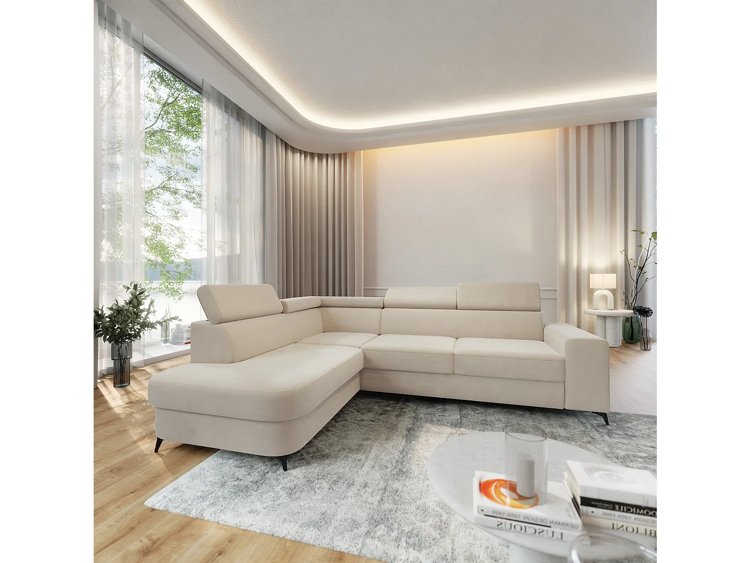 Hoekbank ALVORO van fluweel met slaapfunctie Creme