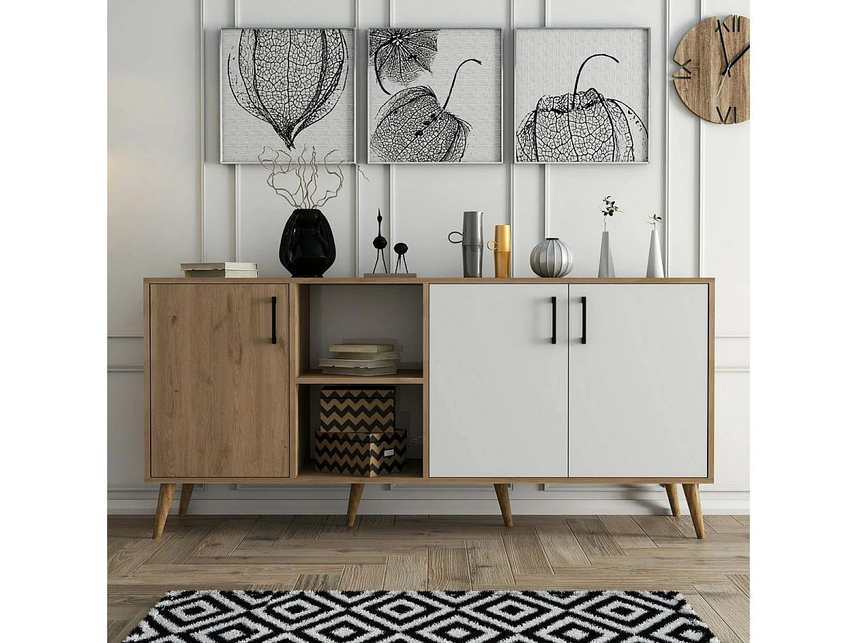 Buffet moderne effet bois et blanc, pieds obliques MARFA