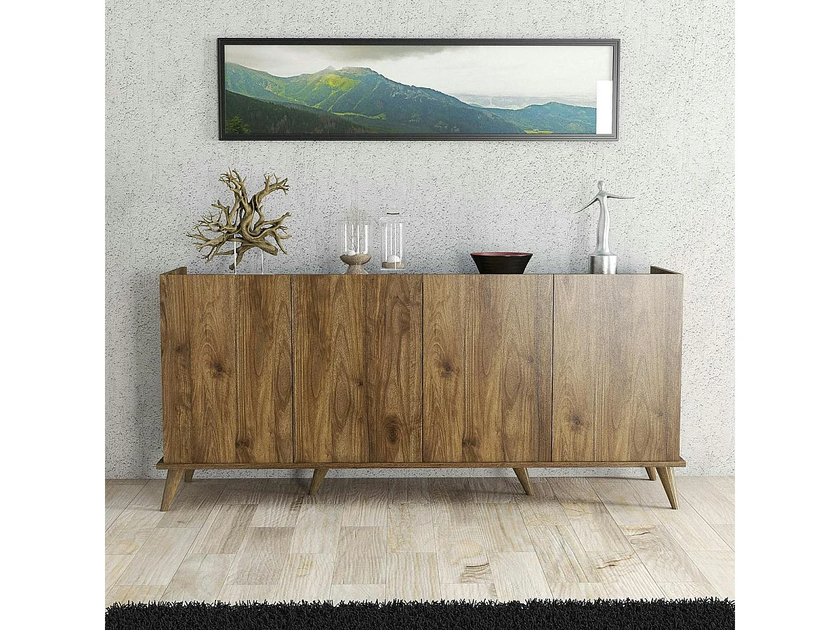 Buffet moderne 4 portes effet noyer, rebords hauts UMEA