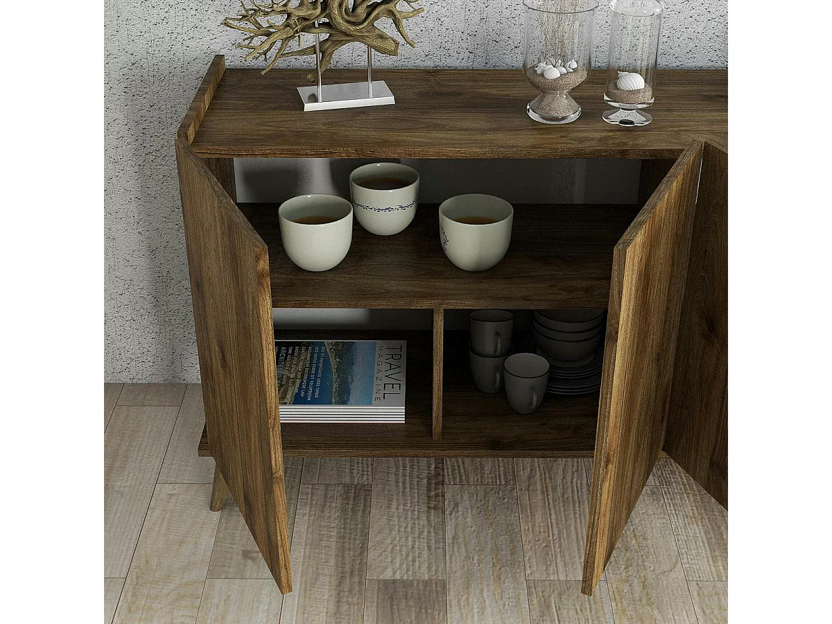 Buffet moderne 4 portes effet noyer, rebords hauts UMEA