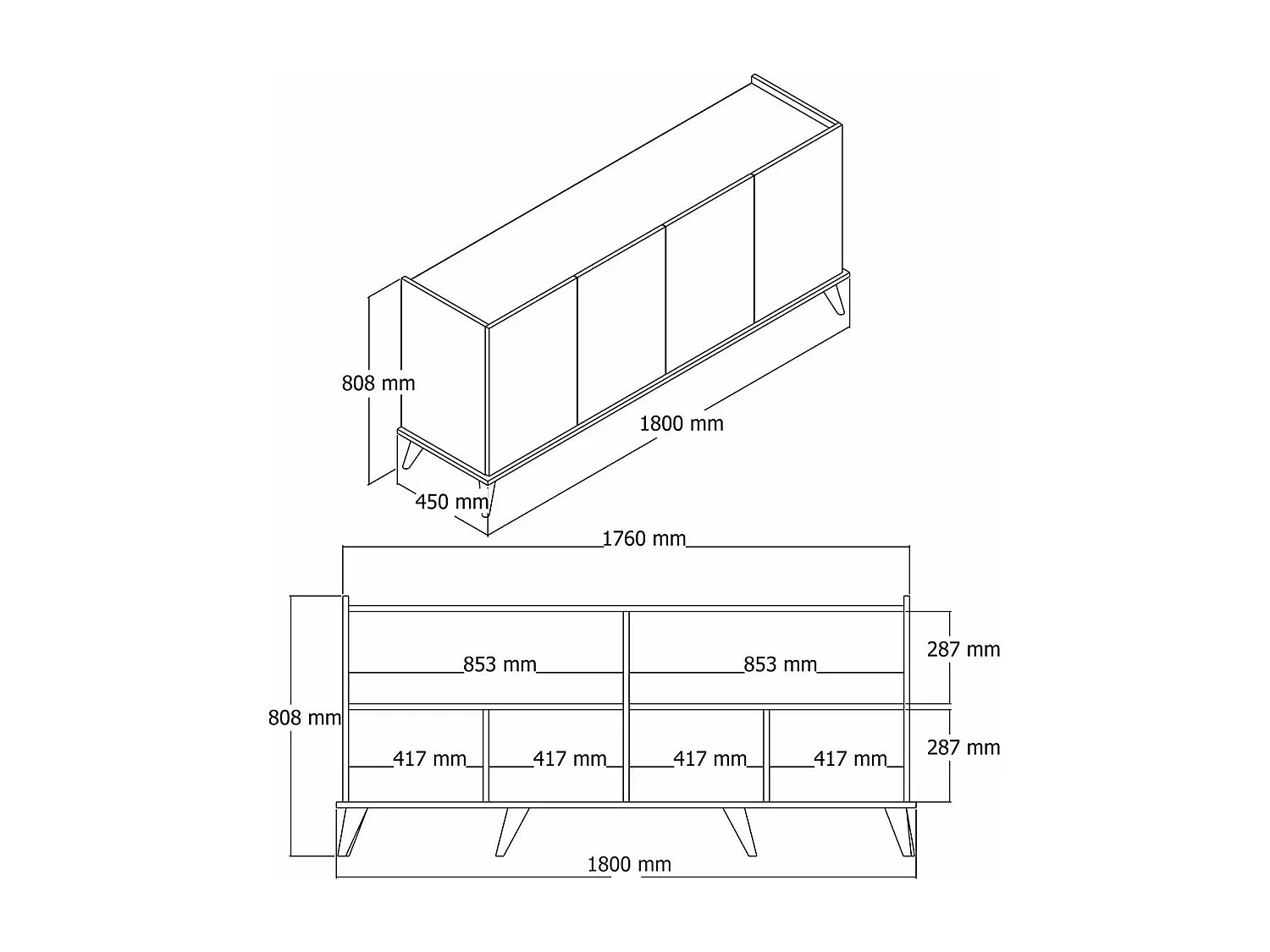Buffet moderne 4 portes effet noyer, rebords hauts UMEA