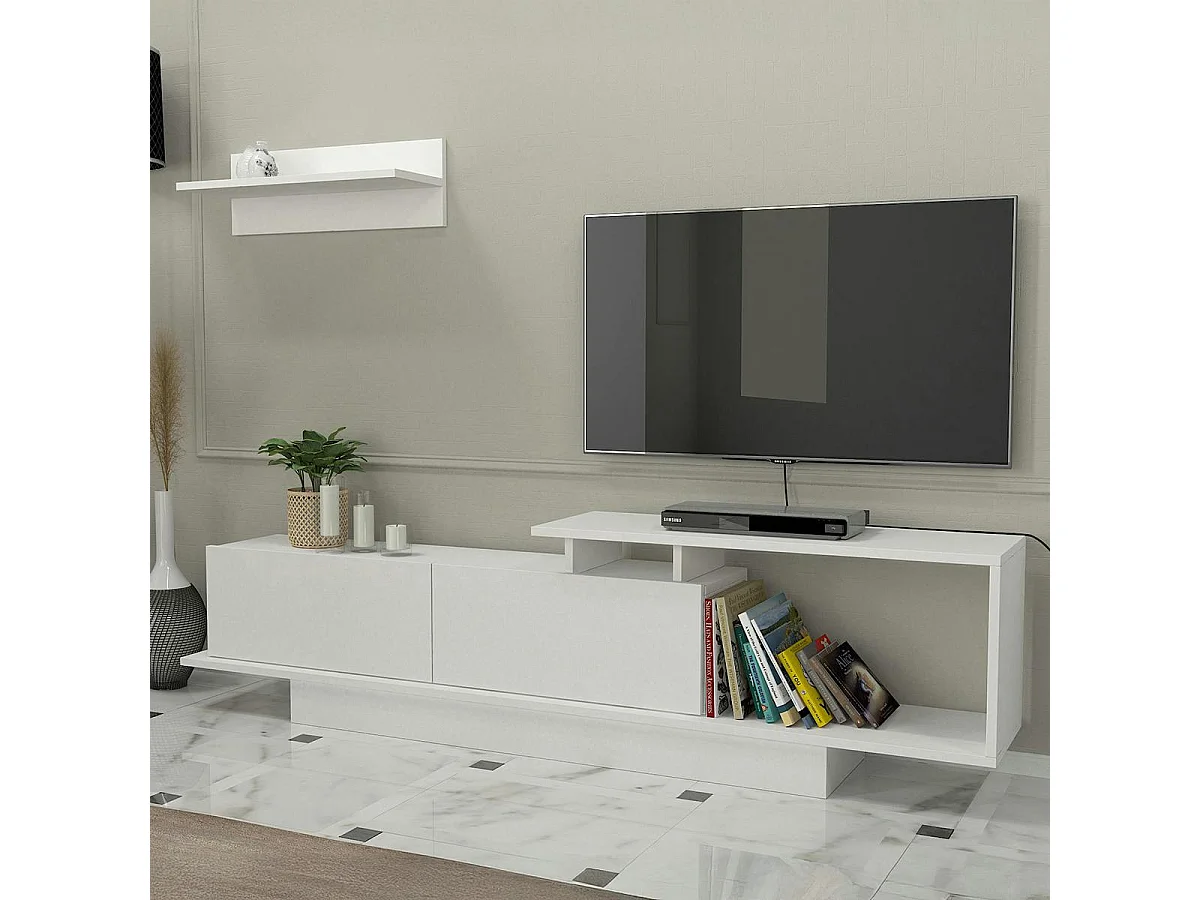Meuble TV blanc design avec rangement, étagère assortie MARFA