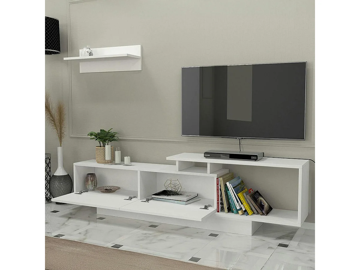 Meuble TV blanc design avec rangement, étagère assortie MARFA