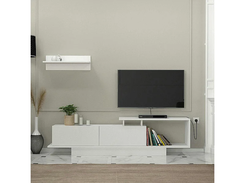 Meuble TV blanc design avec rangement, étagère assortie MARFA