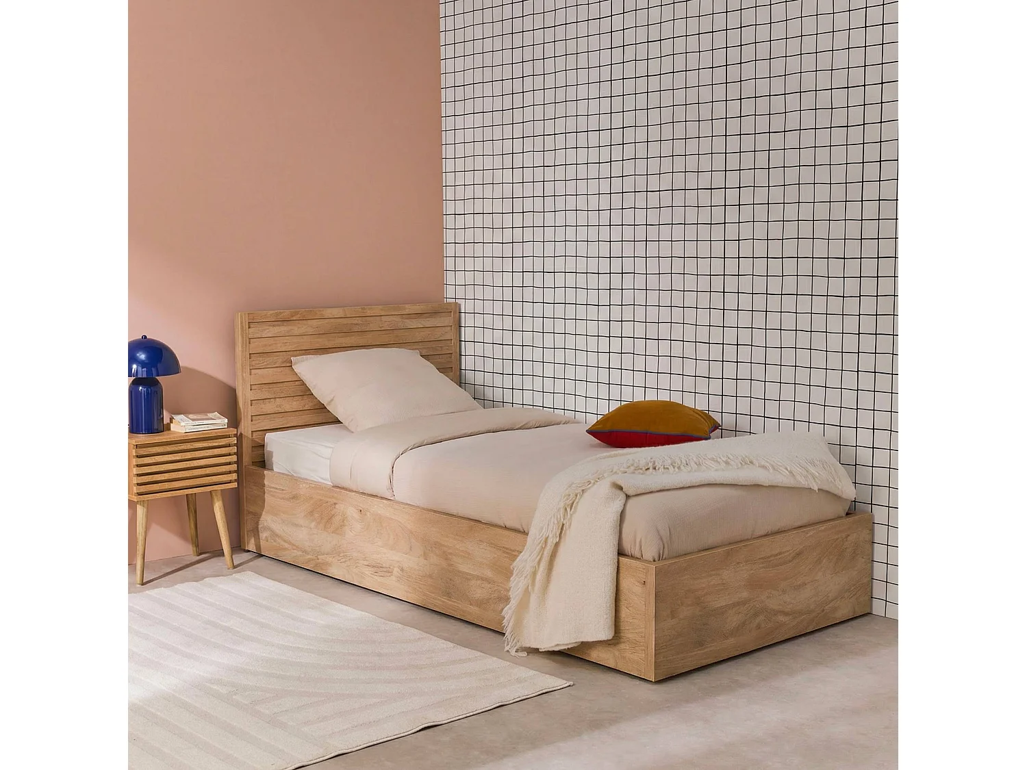 Lit coffre sommier à lattes et tête de lit 90x190cm décor bois naturel - Madere