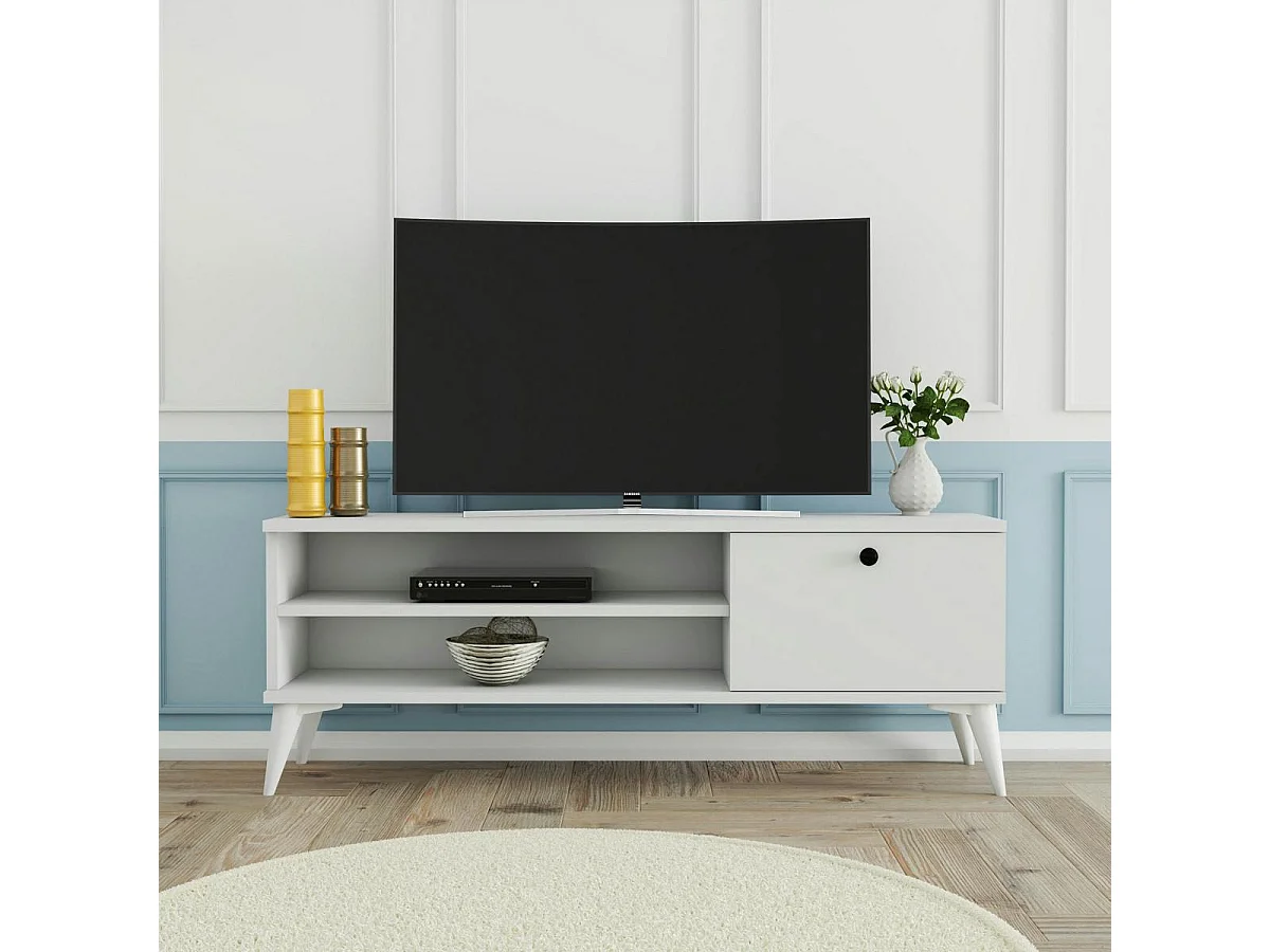 Meuble TV blanc avec rangement 1 porte 2 niches longues UMEA