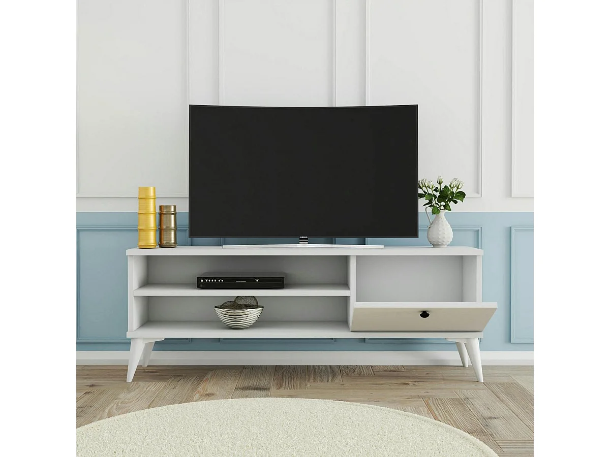 Meuble TV blanc avec rangement 1 porte 2 niches longues UMEA