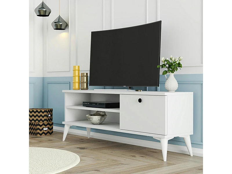 Meuble TV blanc avec rangement 1 porte 2 niches longues UMEA