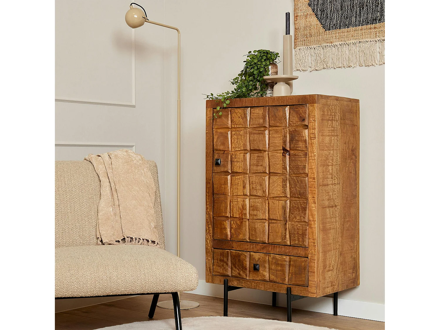 Petit buffet bois 1 porte décor damier UDA