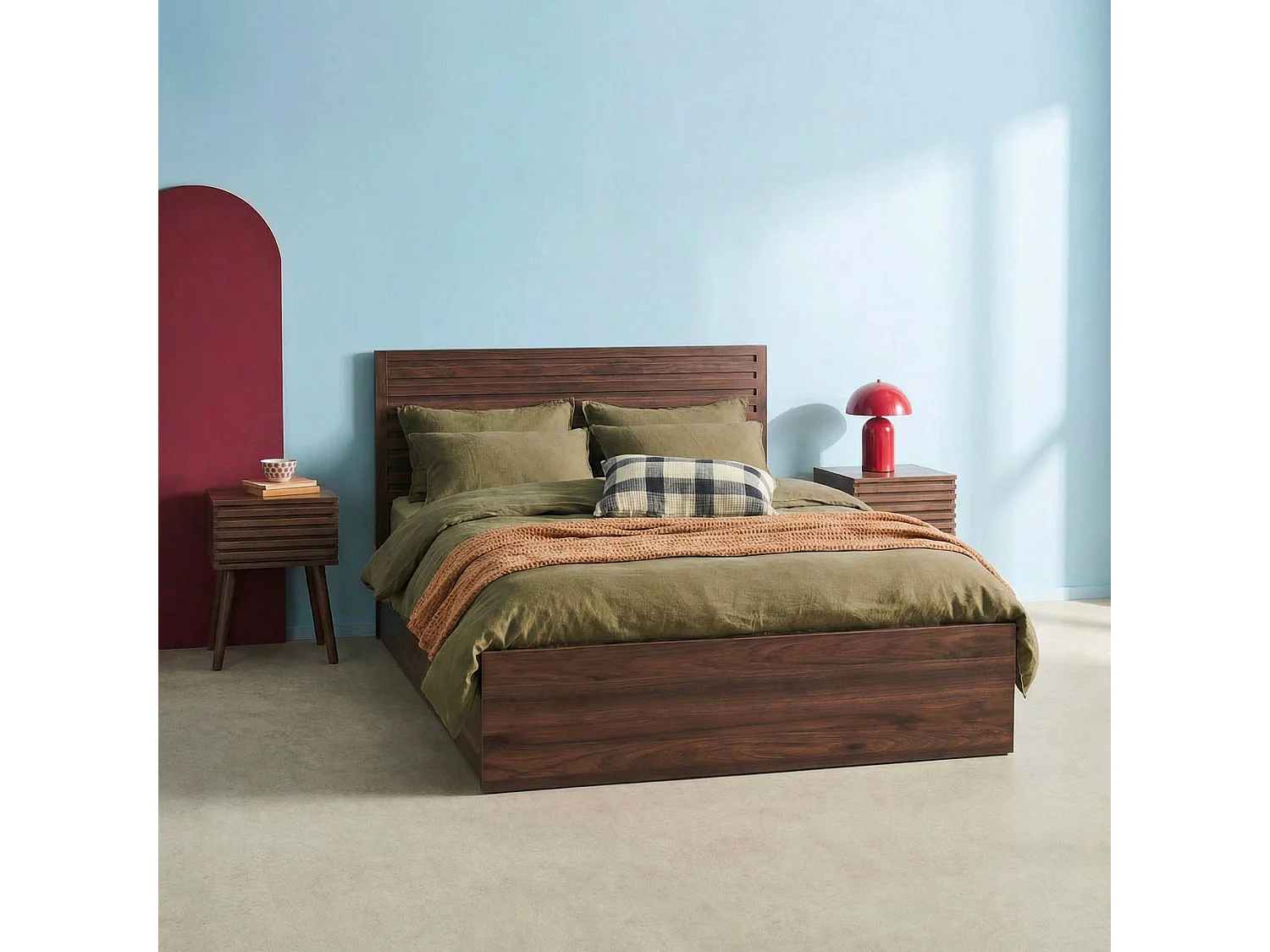 Lit coffre sommier à lattes et tête de lit 140x190cm décor bois noyer - Madere