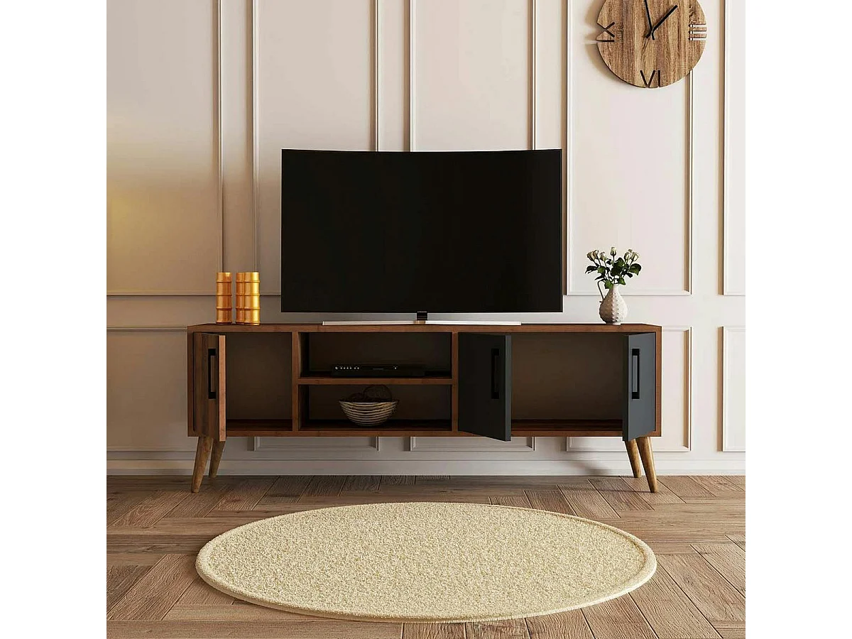 Meuble TV vintage décor bois foncé 2 portes grises UMEA