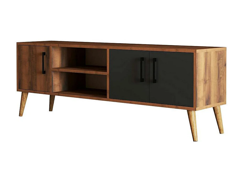 Meuble TV vintage décor bois foncé 2 portes grises UMEA