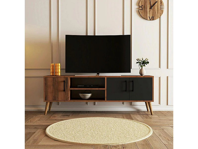 Meuble TV vintage décor bois foncé 2 portes grises UMEA