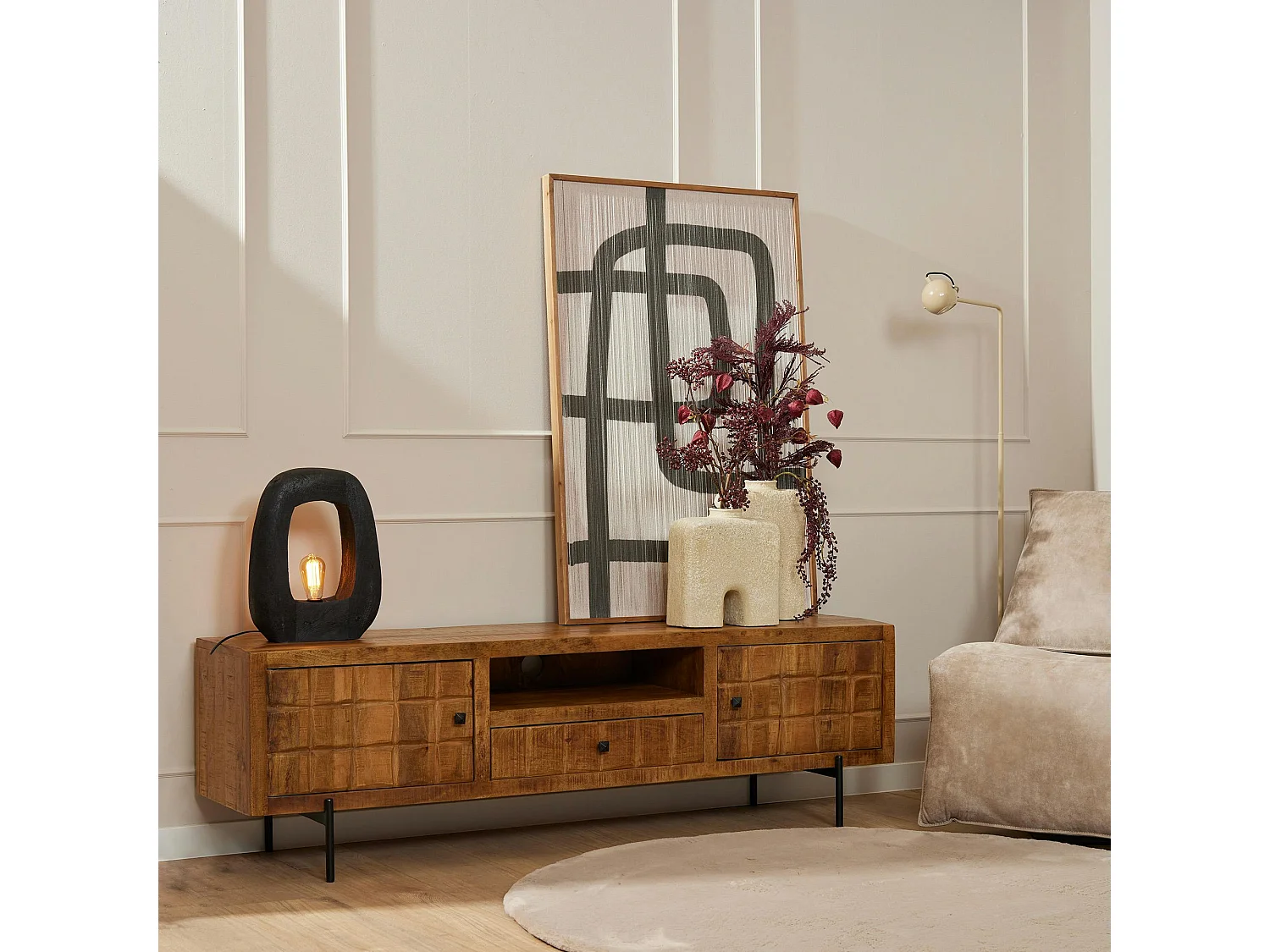 Meuble TV en bois 2 portes décor damier UDA