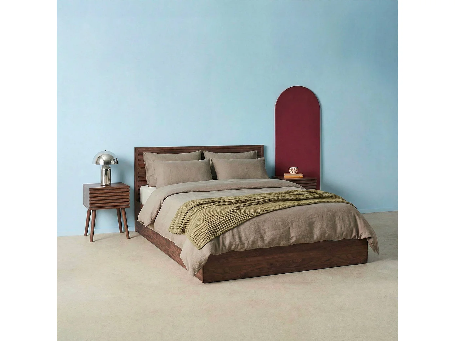 Lit coffre sommier à lattes et tête de lit 160x200cm décor bois noyer - Madere