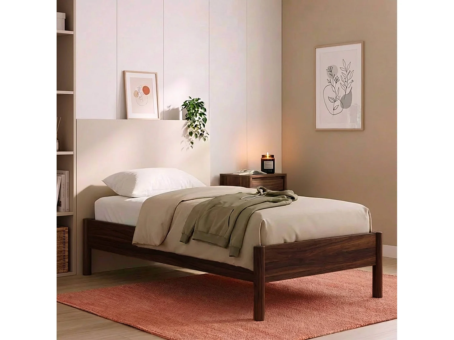 Lit avec sommier à lattes 90x190cm décor bois noyer - Harmony