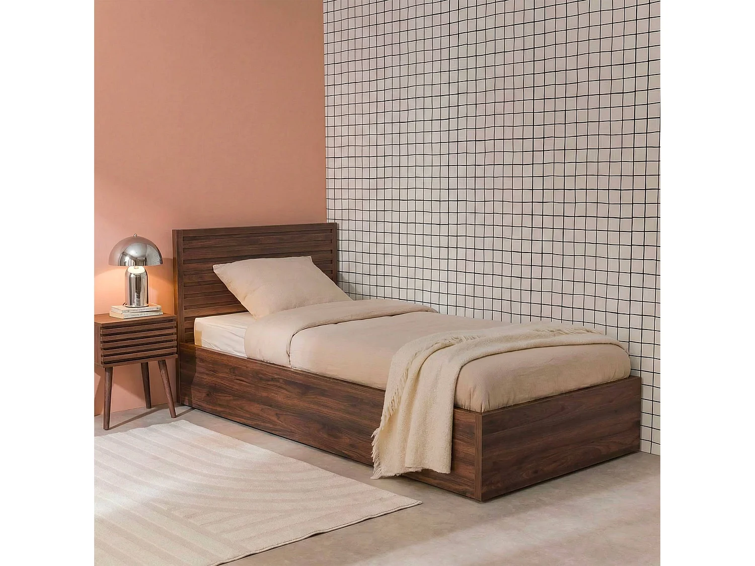 Lit coffre sommier à lattes et tête de lit 90x190cm décor bois noyer - Madere