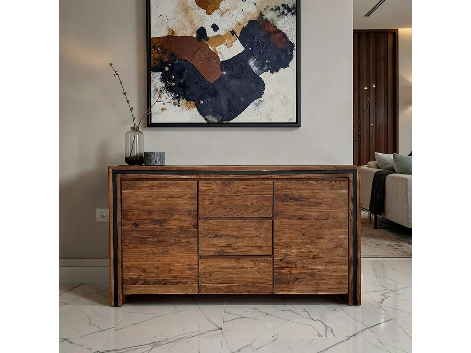 Buffet en bois recyclé de teck 2 portes 3 tiroirs VADOD