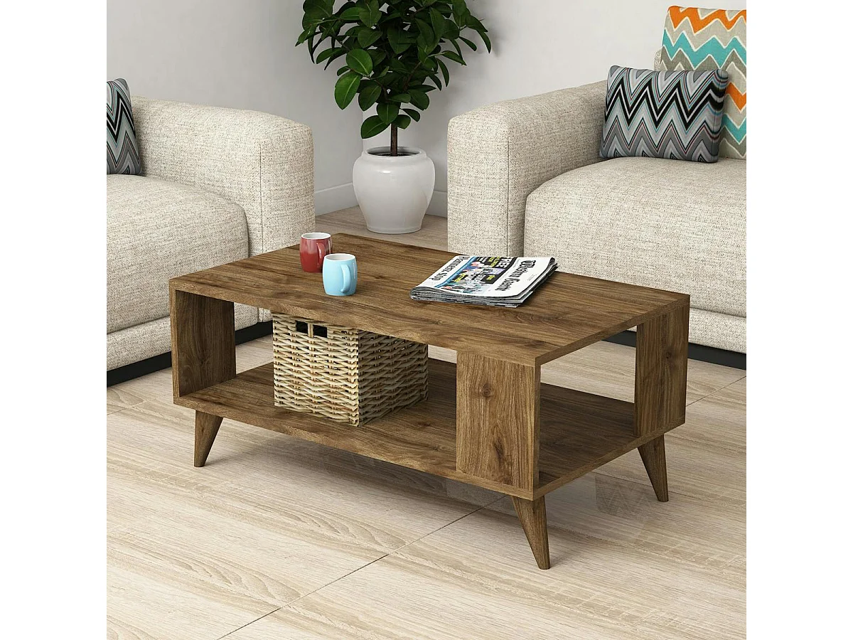 Table basse rangement ouvert, effet noyer pieds coniques MARFA