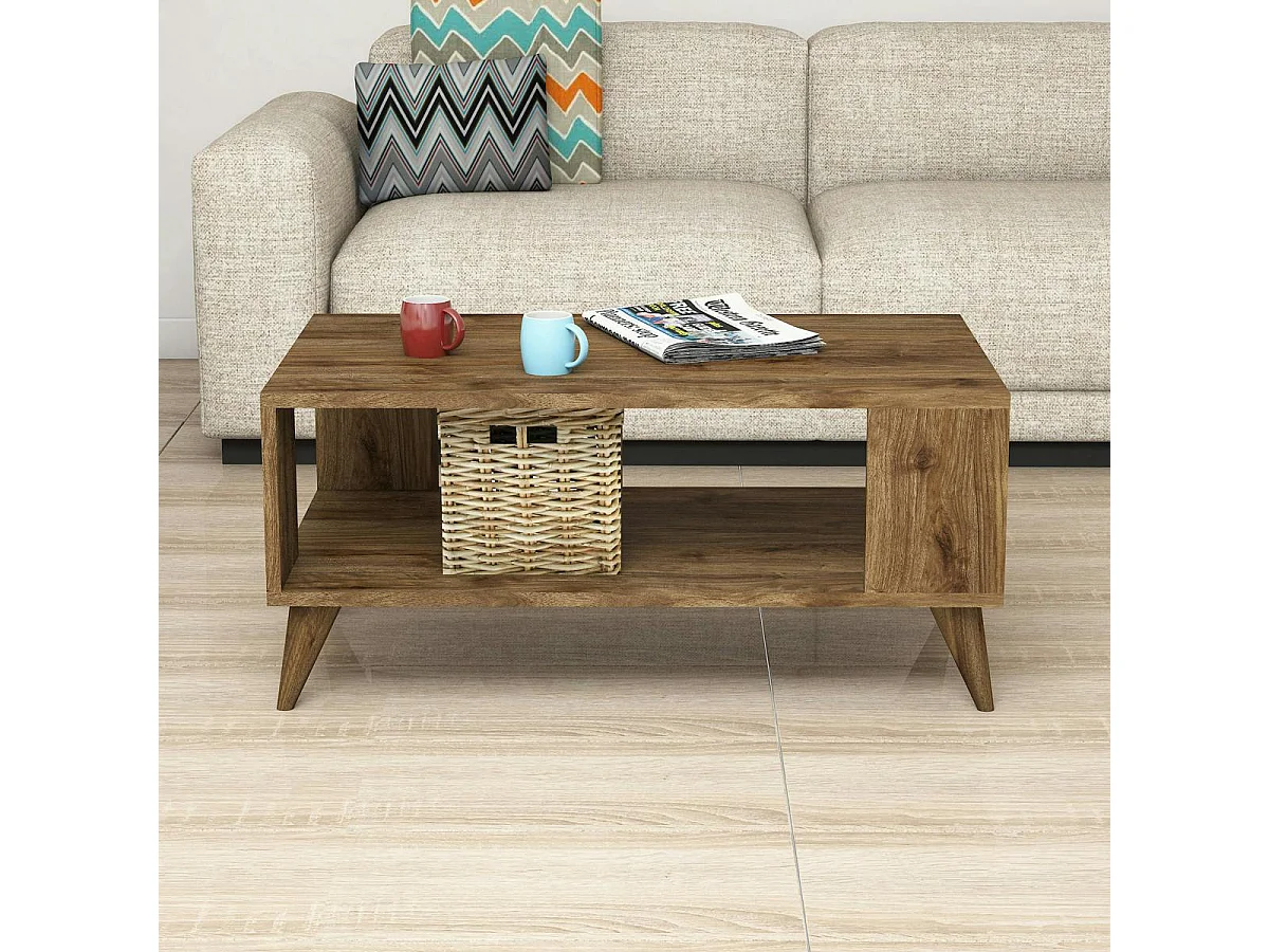 Table basse rangement ouvert, effet noyer pieds coniques MARFA