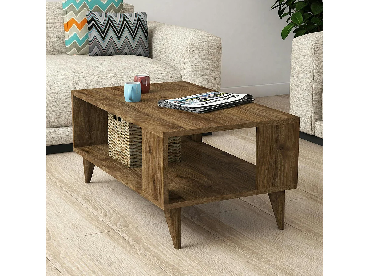 Table basse rangement ouvert, effet noyer pieds coniques MARFA