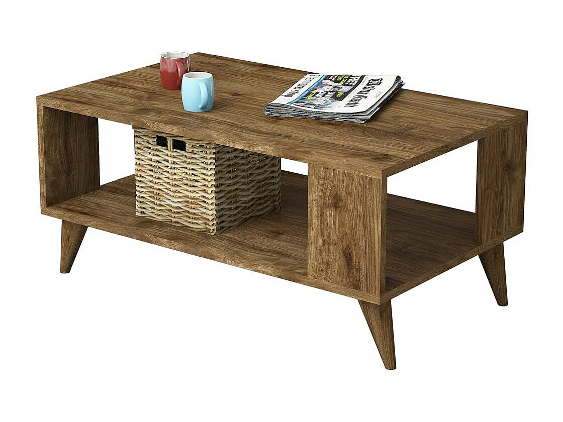 Table basse rangement ouvert, effet noyer pieds coniques MARFA