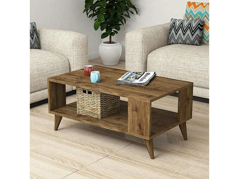 Table basse rangement ouvert, effet noyer pieds coniques MARFA