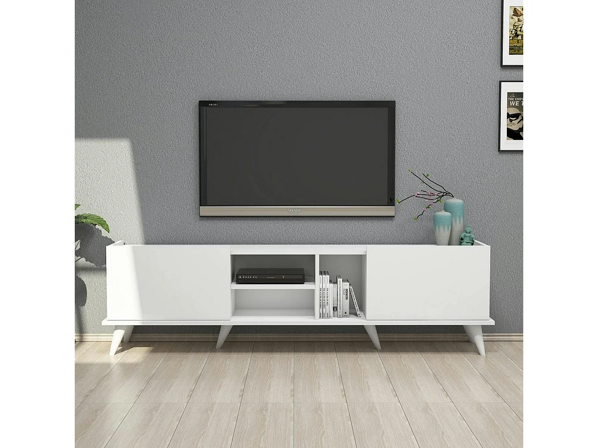 Meuble TV blanc avec rangement 2 portes 3 niches UMEA