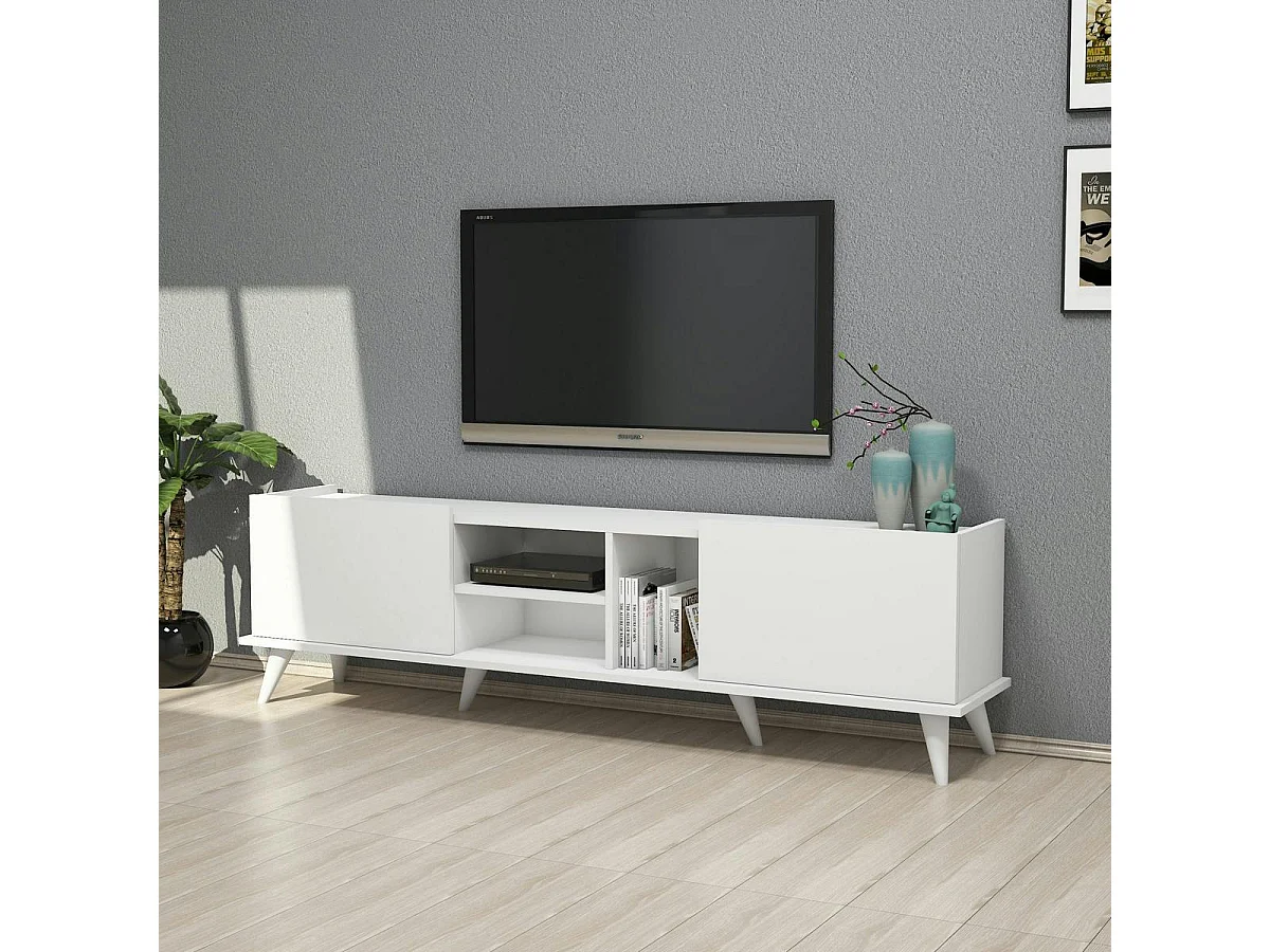 Meuble TV blanc avec rangement 2 portes 3 niches UMEA
