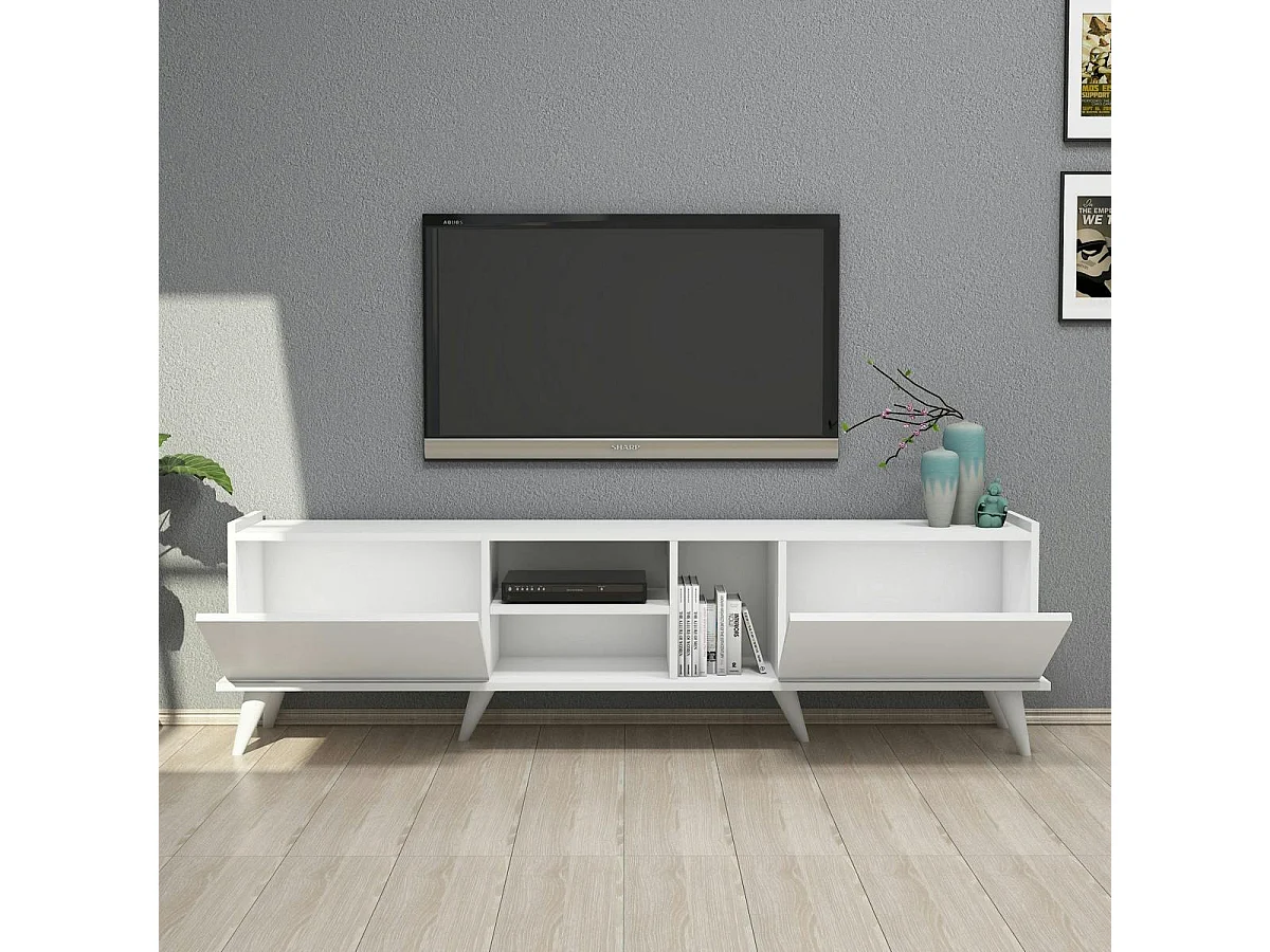 Meuble TV blanc avec rangement 2 portes 3 niches UMEA