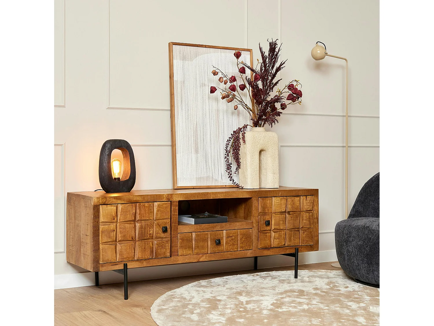 Meuble TV bois 2 portes décor damier UDA