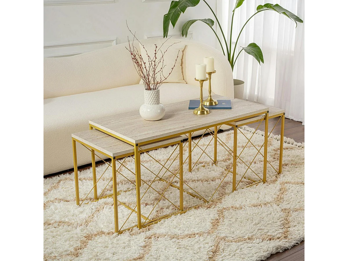 Table basse gigogne effet travertin pied doré (lot de 3) JENA