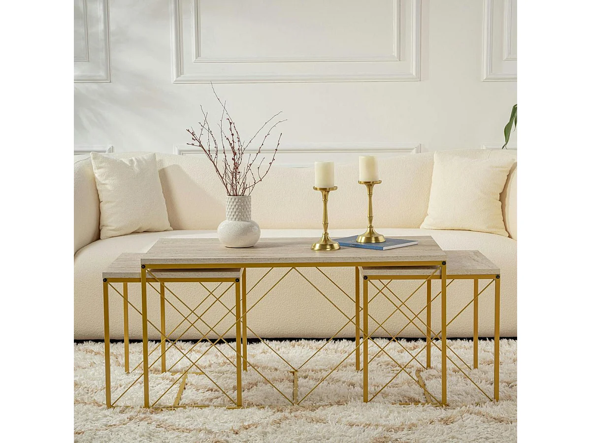 Table basse gigogne effet travertin pied doré (lot de 3) JENA