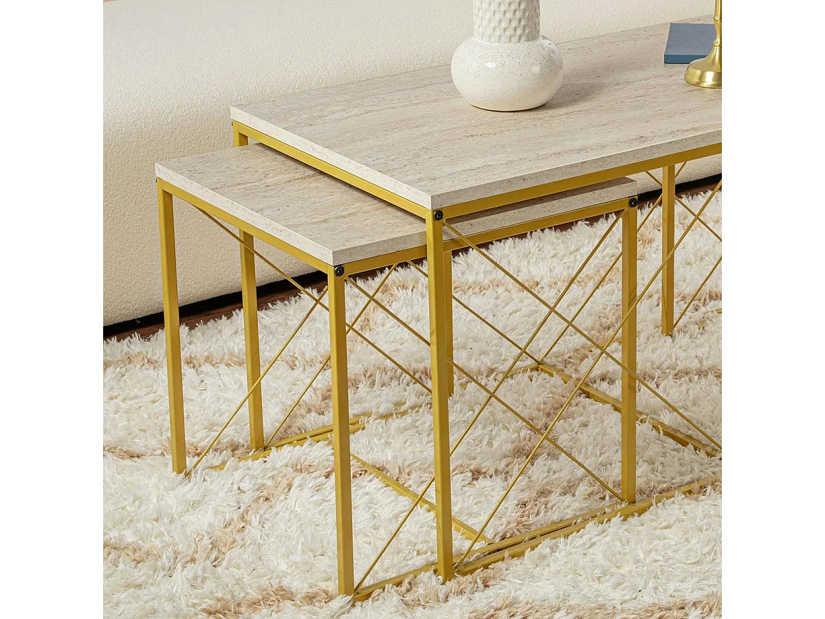 Table basse gigogne effet travertin pied doré (lot de 3) JENA