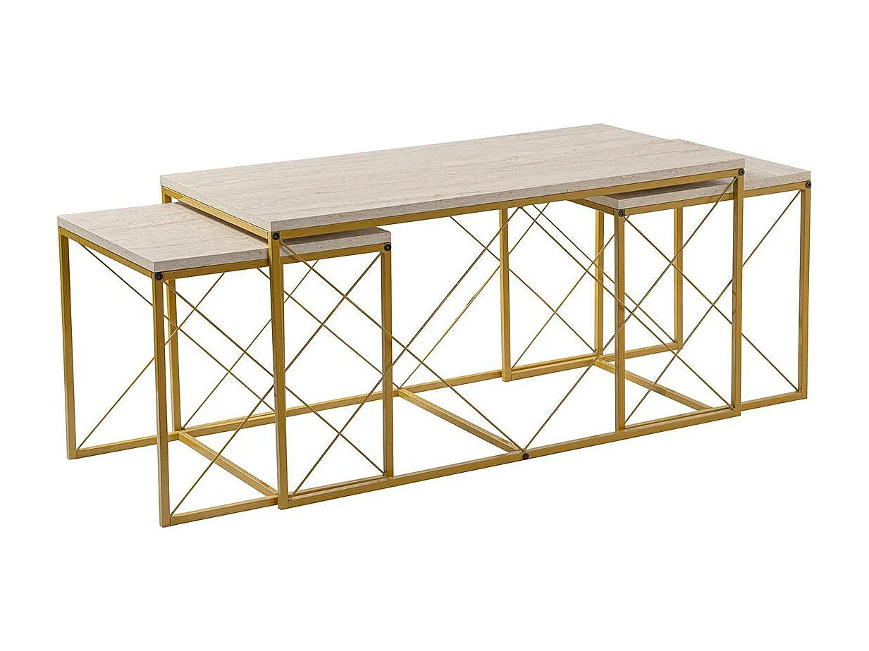 Table basse gigogne effet travertin pied doré (lot de 3) JENA